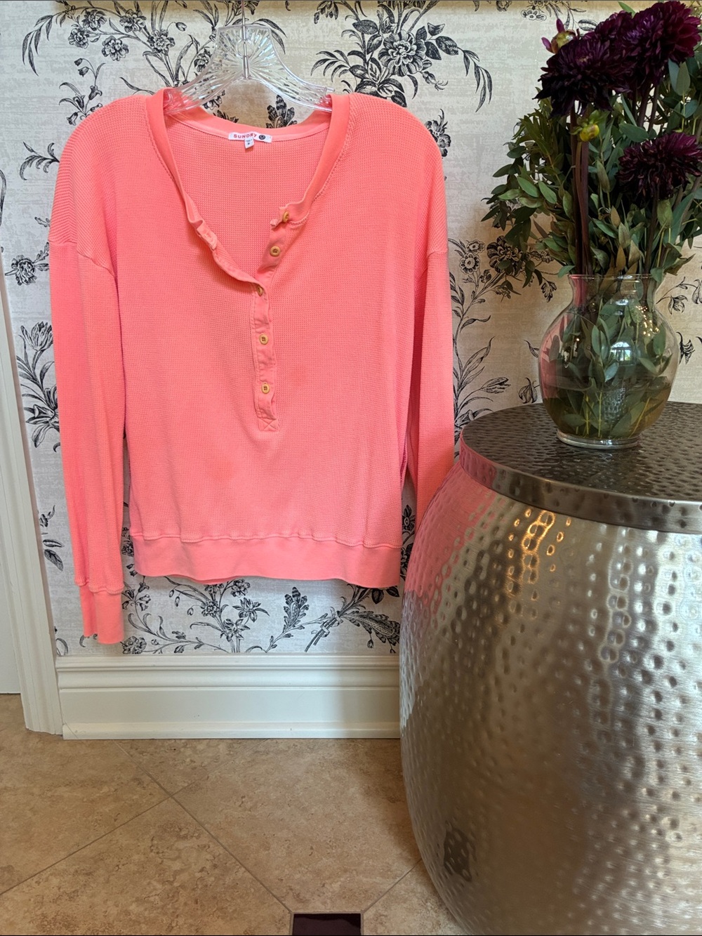 Sundry Coral Waffle Henley